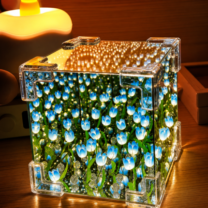 DIY Blue Tulip Cube Mirror Lamp Flowers LED Night Light